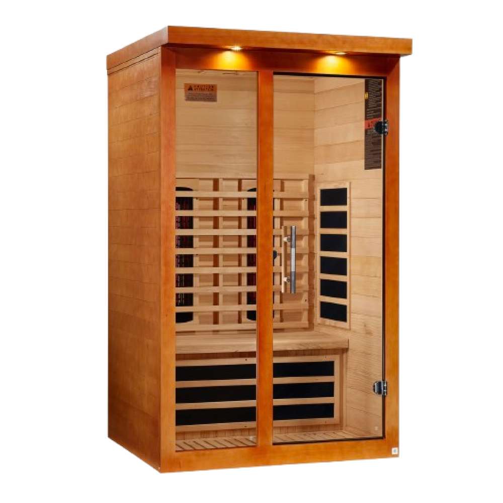 Seen from the right, Golden Designs Dynamic Llumeneres 2 Person Full Spectrum Near Zero EMF Far Infrared Sauna shows its cedar side wall, control panel and glass front