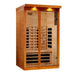 Seen from the right, Golden Designs Dynamic Llumeneres 2 Person Full Spectrum Near Zero EMF Far Infrared Sauna shows its cedar side wall, control panel and glass front