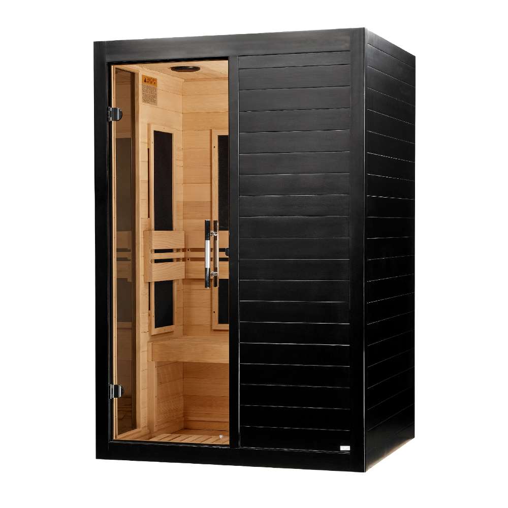 Seen from the right, Golden Designs Dynamic Lucca 2 Person Low EMF Far Infrared Sauna in Black Finish shows its black side wall, glass door and carbon panels inside