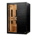 Seen from the right, Golden Designs Dynamic Lucca 2 Person Low EMF Far Infrared Sauna in Black Finish shows its black side wall, glass door and carbon panels inside