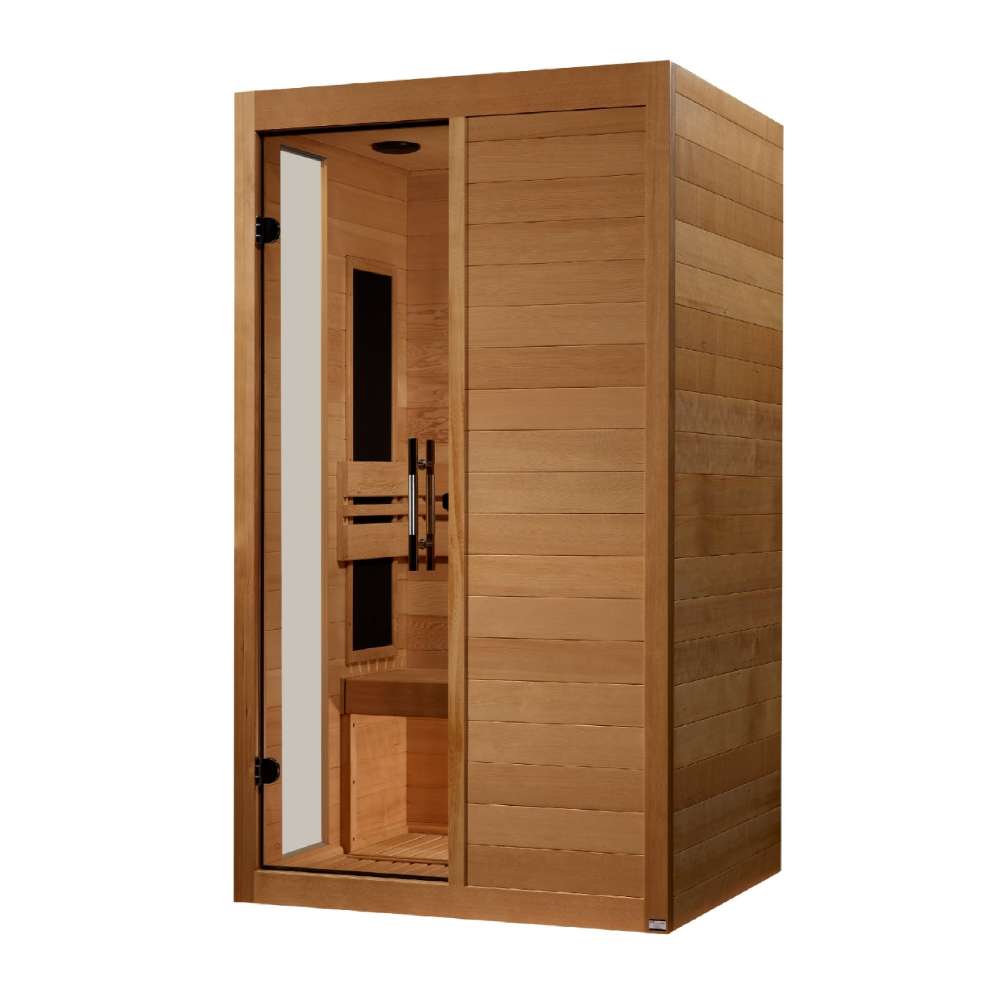 Seen from the right, Golden Designs Dynamic Lucca 2 Person Low EMF Far Infrared Sauna shows its hemlock side wall, glass door and wide front panel