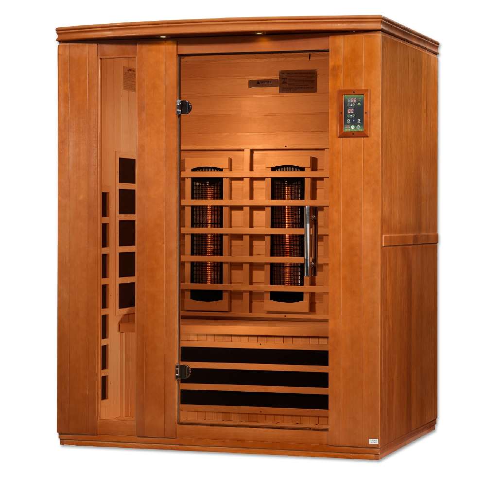 Seen from the right, Golden Designs Dynamic Lugano 3 Person Full Spectrum Infrared Sauna shows its glass front, side carbon panels and bench heater