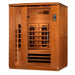 Seen from the right, Golden Designs Dynamic Lugano 3 Person Full Spectrum Infrared Sauna shows its glass front, side carbon panels and bench heater