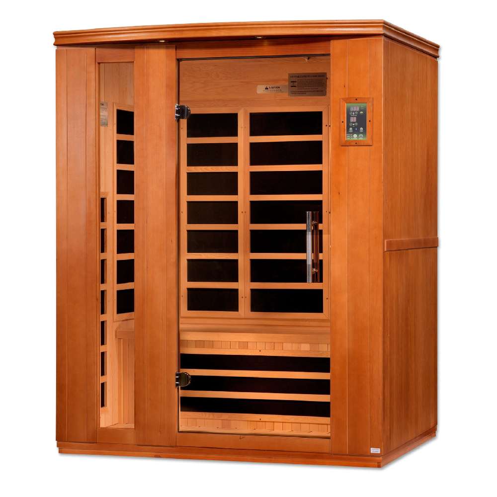 Seen from the right, Golden Designs Dynamic Lugano Elite 3 Person Ultra Low EMF Far Infrared Sauna shows its bronze glass door, side carbon panels and bench heater