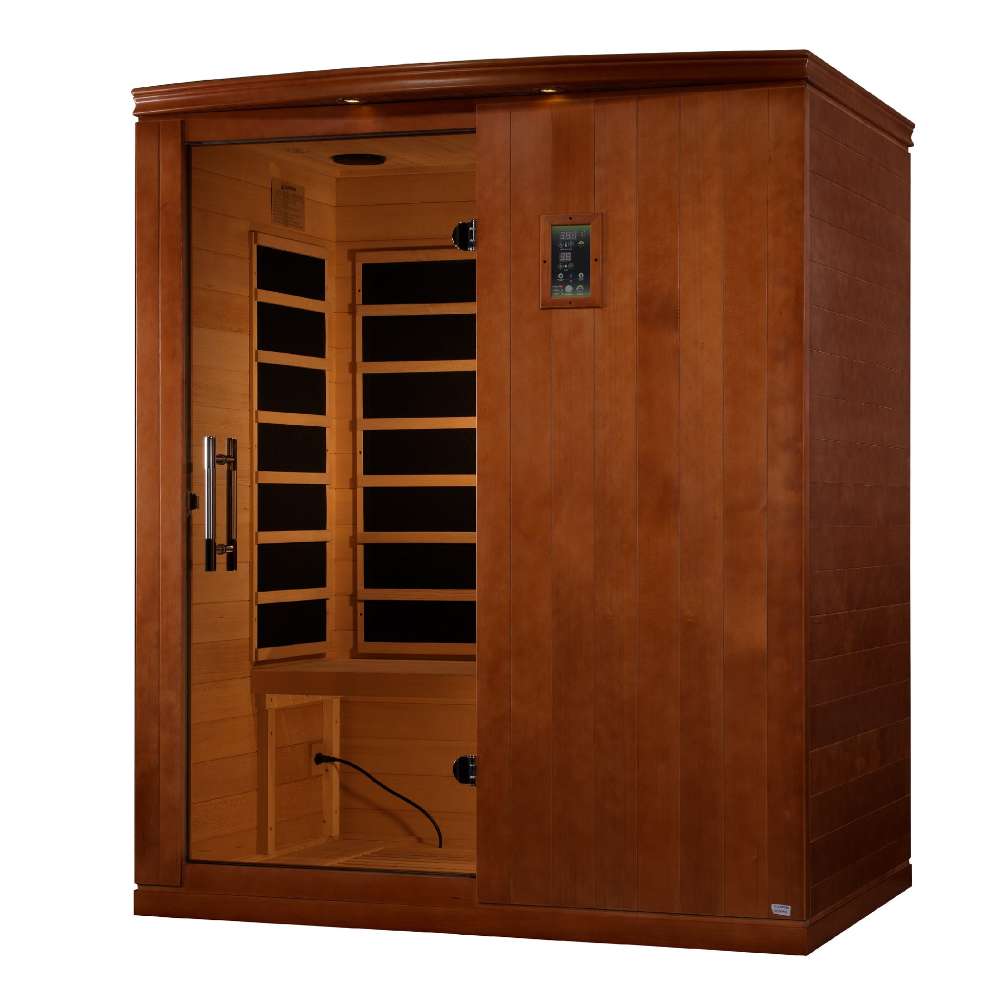 Seen from the right, Golden Designs Dynamic Madrid Limited Elite 3 Person Ultra Low EMF Far Infrared Sauna shows its side wall, glass door and open floor with the bench removed