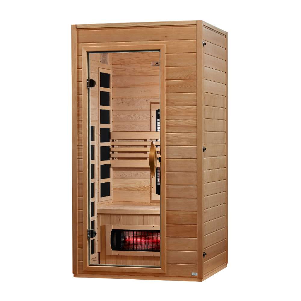 Seen from the right, Golden Designs Dynamic Martin 1-2 Person Full Spectrum Near Zero EMF Far Infrared Sauna shows its hemlock side wall, glass door and side carbon panels