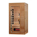 Seen from the right, Golden Designs Dynamic Martin 1-2 Person Full Spectrum Near Zero EMF Far Infrared Sauna shows its hemlock side wall, glass door and side carbon panels