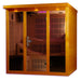 Seen from the right, Golden Designs Dynamic Monaco Elite 6 Person Ultra Low EMF Far Infrared Sauna shows its wide glass front with colored chromotherapy light inside