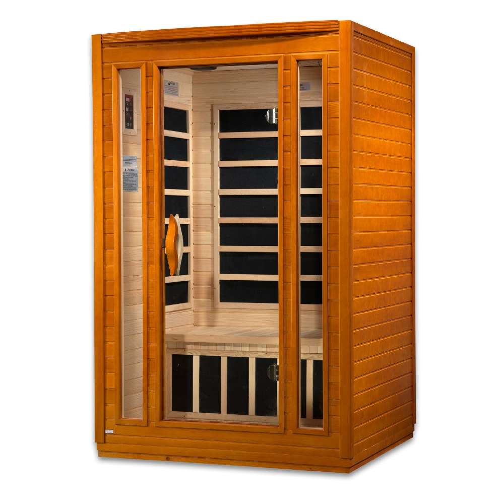 Seen from the right, Golden Designs Dynamic San Marino 2 Person Low EMF Far Infrared Sauna shows its glass door, side carbon panels and bench