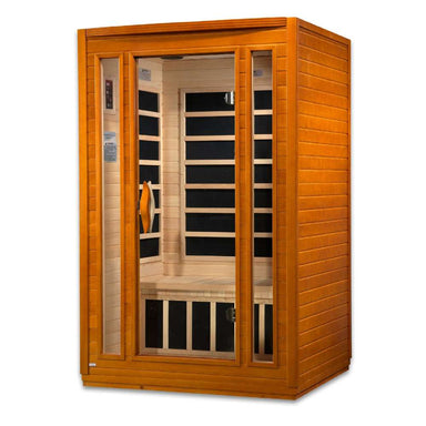 Seen from the right, Golden Designs Dynamic San Marino 2 Person Low EMF Far Infrared Sauna shows its glass door, side carbon panels and bench