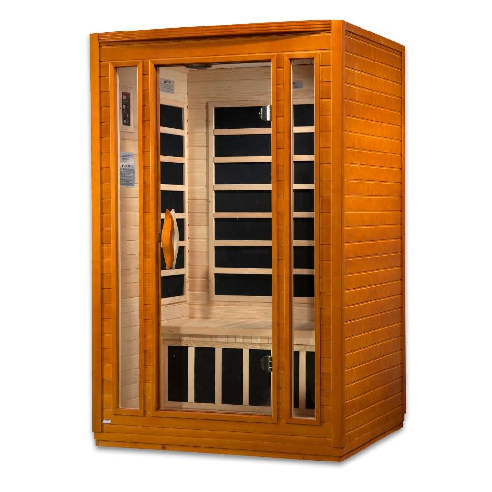 Seen from the right, Golden Designs Dynamic San Marino Elite 2 Person Ultra Low EMF Far Infrared Sauna shows its glass door, side carbon panels and bench