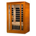 Seen from the right, Golden Designs Dynamic San Marino Elite 2 Person Ultra Low EMF Far Infrared Sauna shows its glass door, side carbon panels and bench