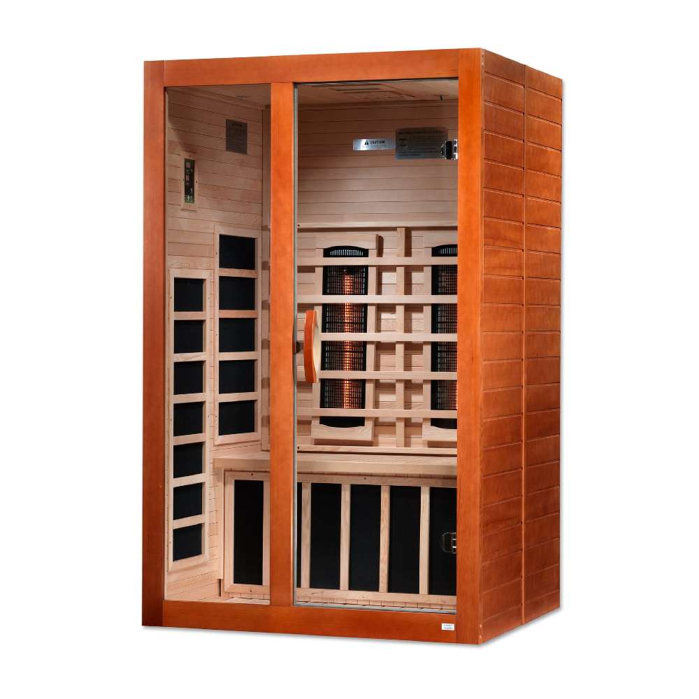 Seen from the right, Golden Designs Dynamic Santiago 2 Person Full Spectrum Infrared Sauna shows its glass door, carbon side panels and bench heaters