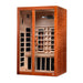Seen from the right, Golden Designs Dynamic Santiago 2 Person Full Spectrum Infrared Sauna shows its glass door, carbon side panels and bench heaters