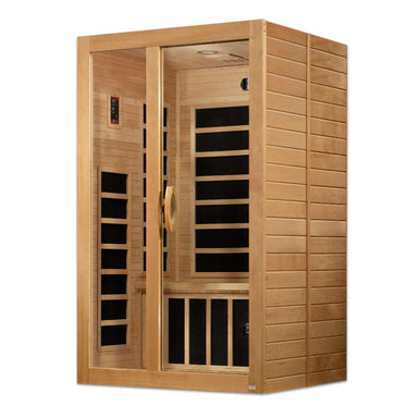 Seen from the right, Golden Designs Dynamic Santiago 2 Person Low EMF Far Infrared Sauna shows its hemlock side wall, glass door and side carbon panels