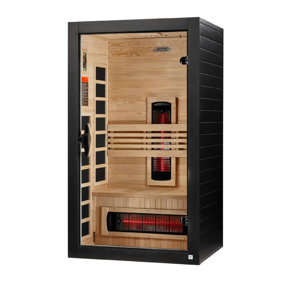 Seen from the right, Golden Designs Dynamic Santorini 1-2 Person Full Spectrum Near Zero EMF Far Infrared Sauna shows its black side wall, glass door and carbon panels inside