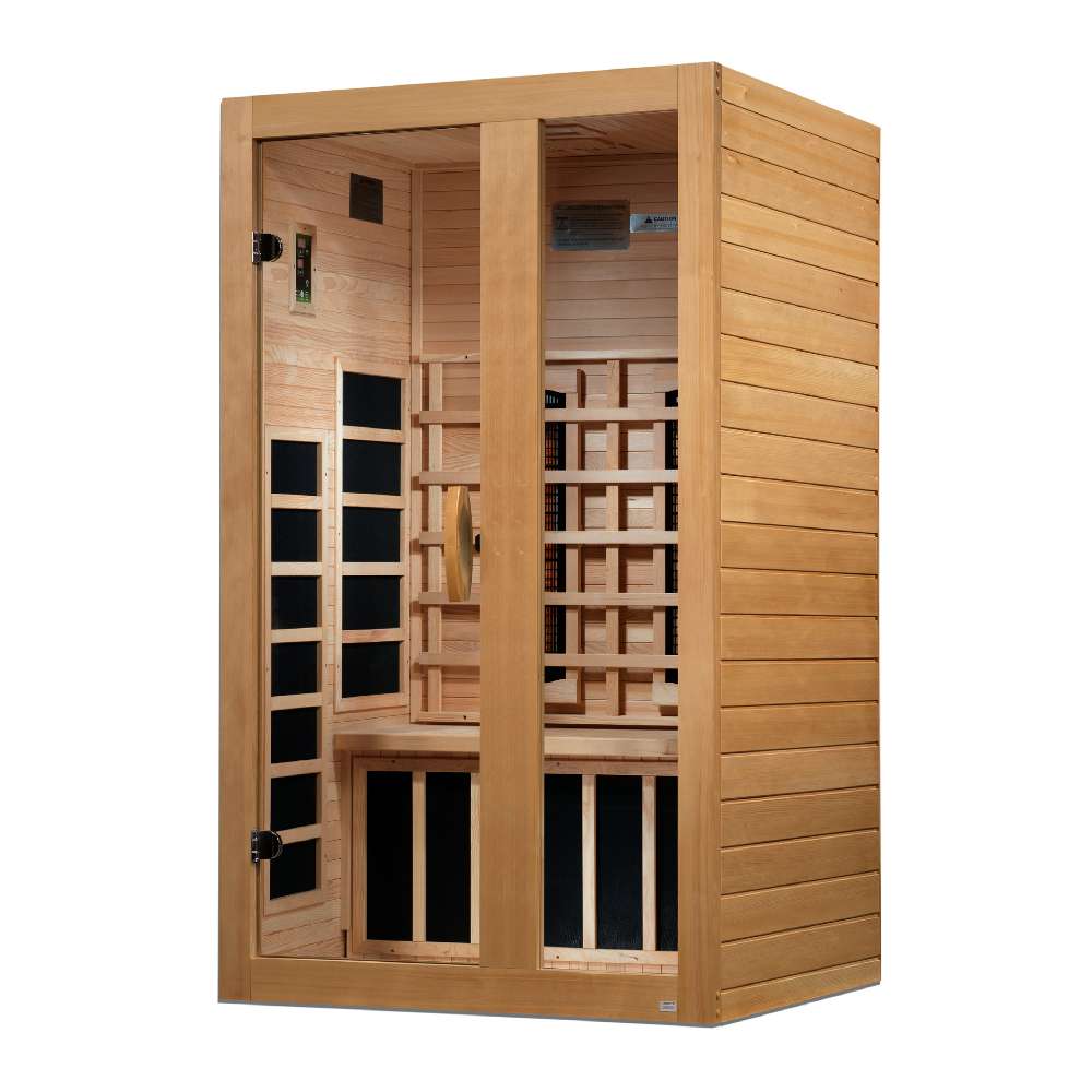 Seen from the right, Golden Designs Dynamic Serena 2 Person Full Spectrum Near Zero EMF Infrared Sauna shows its hemlock side wall, glass door and side carbon panels