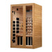 Seen from the right, Golden Designs Dynamic Serena 2 Person Full Spectrum Near Zero EMF Infrared Sauna shows its hemlock side wall, glass door and side carbon panels