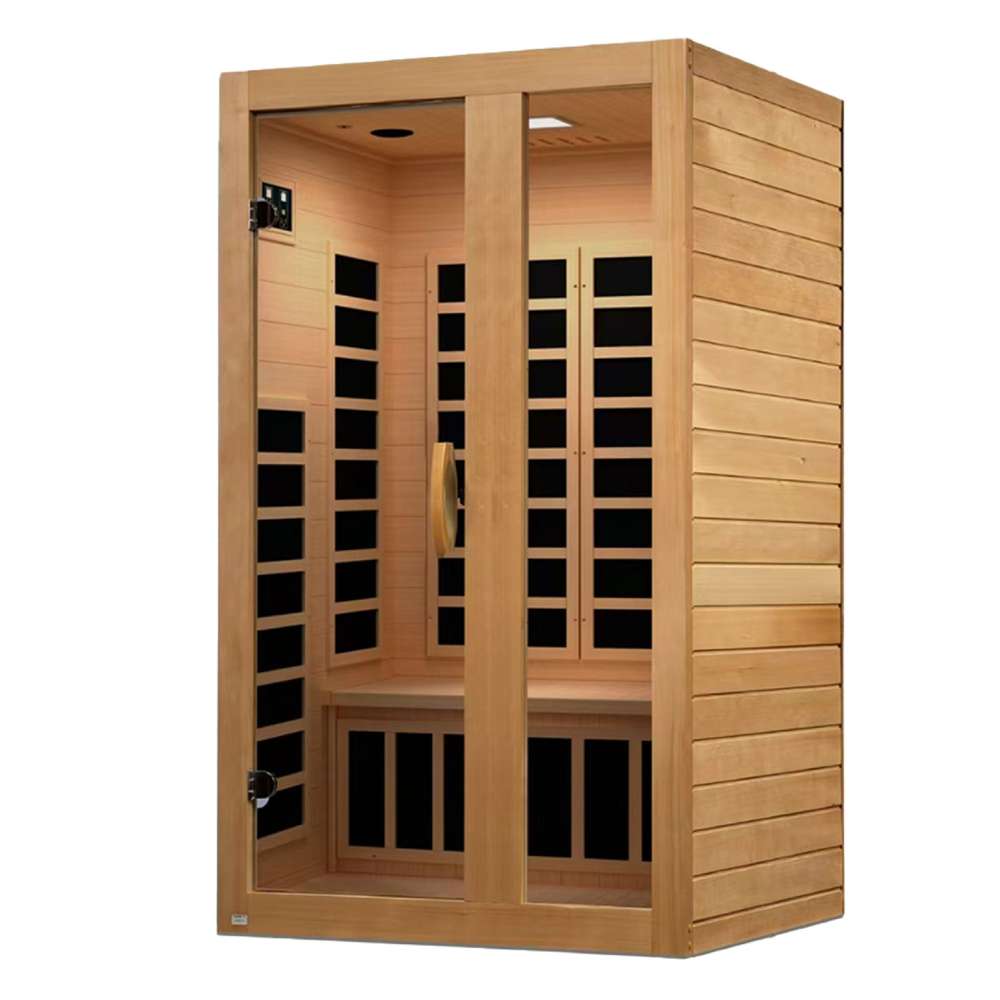 Seen from the right, Golden Designs Dynamic Serena 2 Person Low EMF Far Infrared Sauna shows its hemlock side wall, glass door and side carbon panels