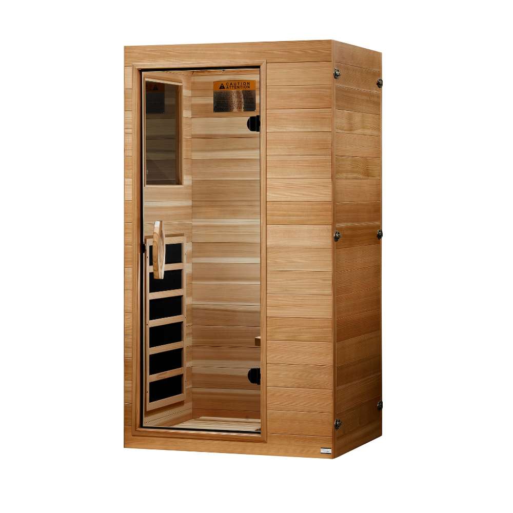 Seen from the right, Golden Designs Dynamic Sicily Elite 1 Person Compact Ultra Low EMF Far Infrared Sauna shows its cedar side wall, glass door and side carbon panels