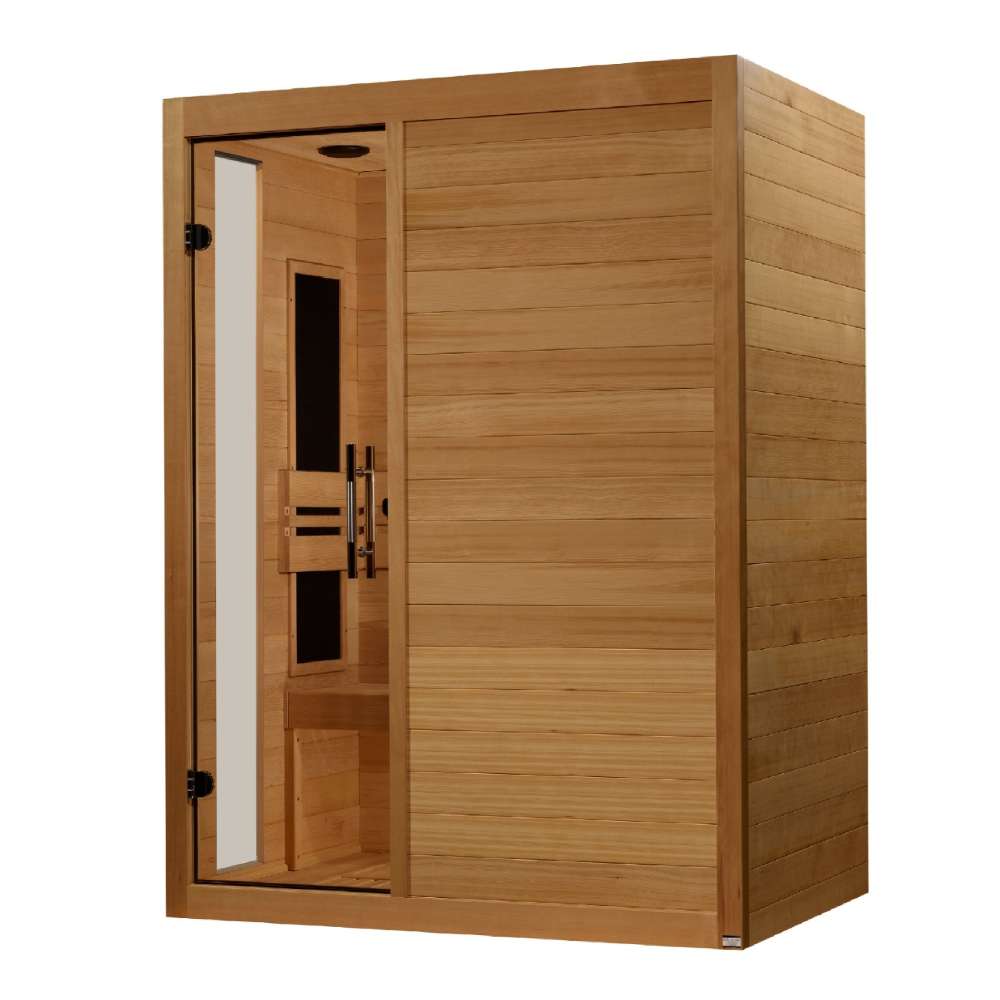 Seen from the right, Golden Designs Dynamic Toscana 3 Person Low EMF Far Infrared Sauna shows its hemlock side wall, glass door and wide front panel