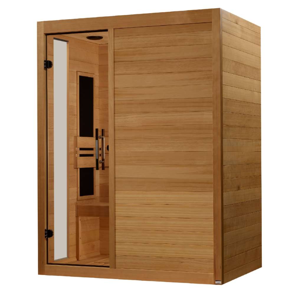Seen from the right, Golden Designs Dynamic Toscana Elite 3 Person Ultra Low EMF Far Infrared Sauna shows its hemlock side wall, glass door and wide front panel