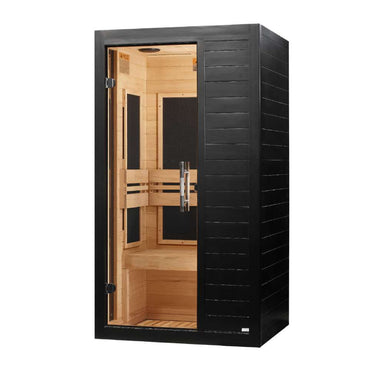 Seen from the right, Golden Designs Dynamic Veneto 1-2 Person Low EMF Far Infrared Sauna in Black Finish shows its black side wall, glass door and carbon panels inside