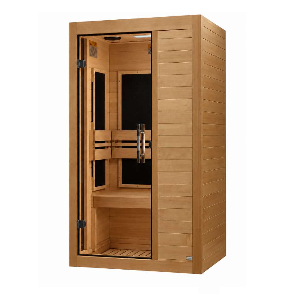 Seen from the right, Golden Designs Dynamic Veneto 1-2 Person Low EMF Far Infrared Sauna shows its hemlock side wall, glass door and carbon panels