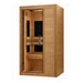 Seen from the right, Golden Designs Dynamic Veneto Elite 1-2 Person Ultra Low EMF Far Infrared Sauna shows its hemlock side wall, glass door and bench