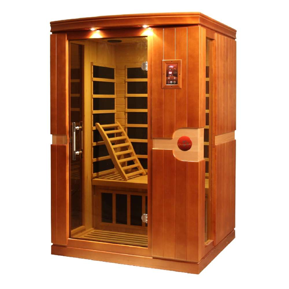 Seen from the right, Golden Designs Dynamic Venice Elite 2 Person Ultra Low EMF Far Infrared Sauna shows its glass door, backrest and side carbon panels