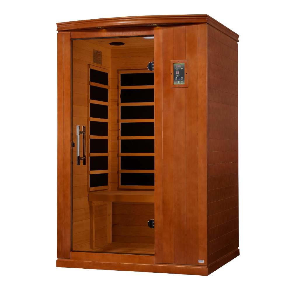 Seen from the right, Golden Designs Dynamic Venice IV Limited Elite 2 Person Ultra Low EMF Far Infrared Sauna shows its side wall, bronze glass door and bench