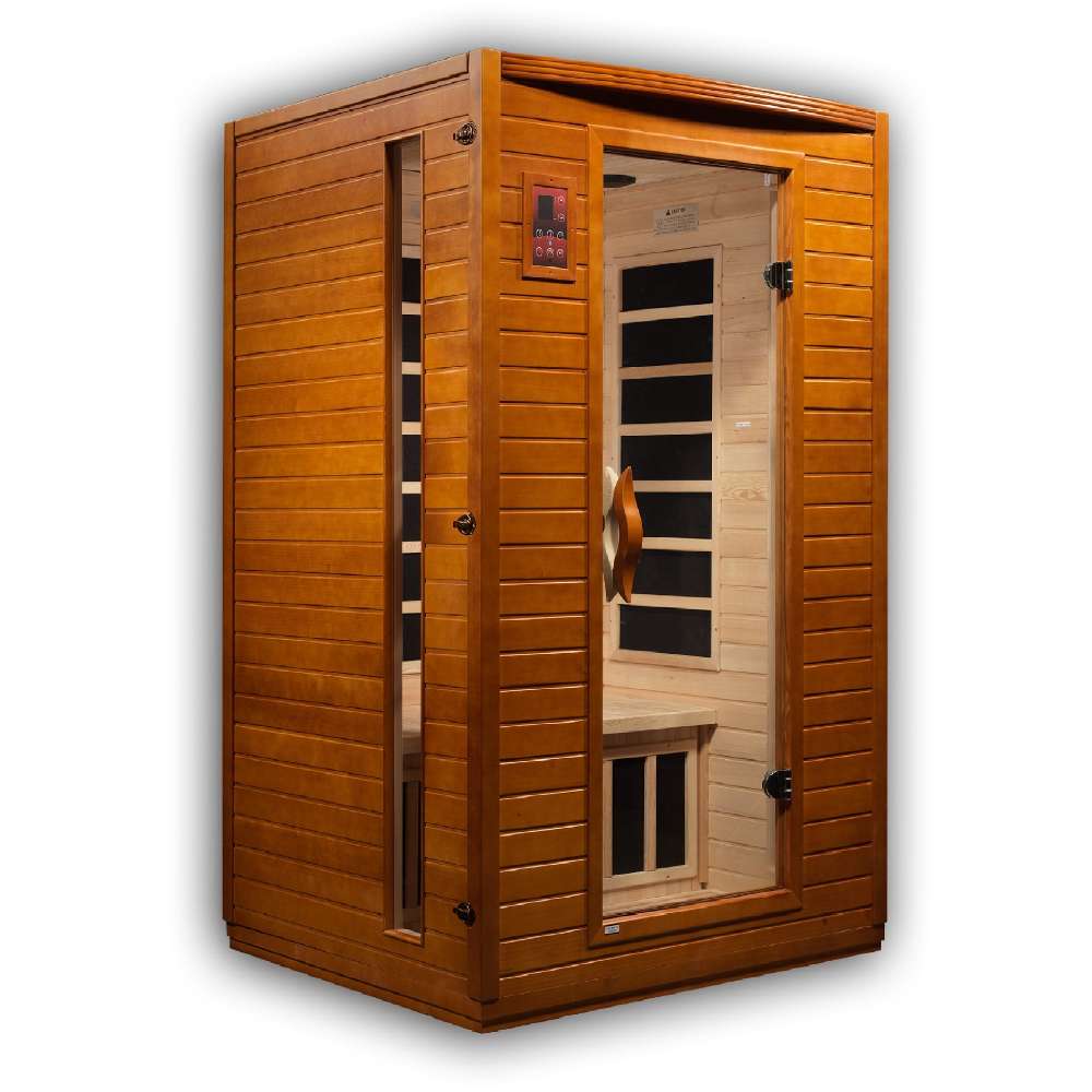 Seen from the right, Golden Designs Dynamic Versailles Elite 2 Person Ultra Low EMF Far Infrared Sauna shows its cedar side wall, glass door and carbon panels