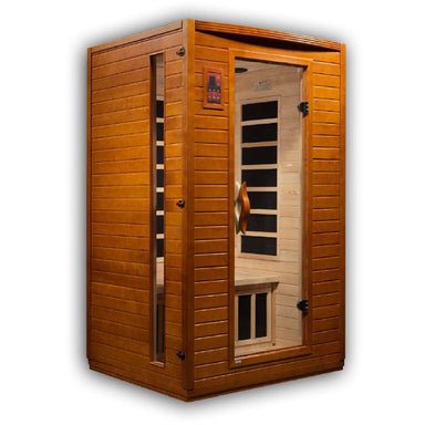 Seen from the right, Golden Designs Dynamic Versailles Elite 2 Person Ultra Low EMF Far Infrared Sauna shows its cedar side wall, glass door and carbon panels