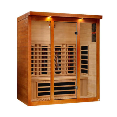Seen from the right, Golden Designs Dynamic Vila Grande 4 Person Full Spectrum Near Zero EMF Far Infrared Sauna shows its cedar side wall, control panel and wide glass front
