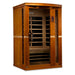 Seen from the right, Golden Designs Dynamic Vittoria 2 Person Low EMF Far Infrared Sauna shows its cedar side wall, glass door and bench heater