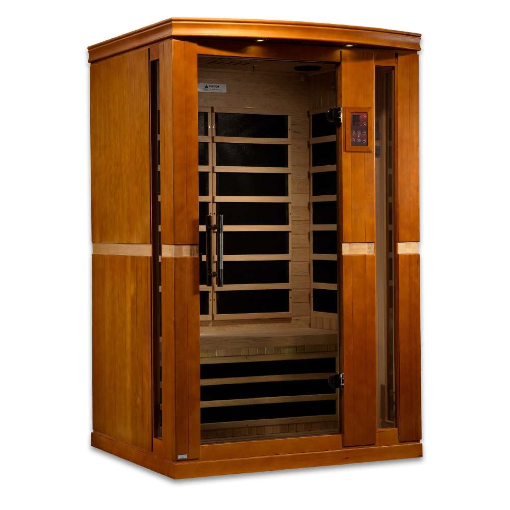 Seen from the right, Golden Designs Dynamic Vittoria Elite 2 Person Ultra Low EMF Far Infrared Sauna shows its side wall, bronze glass door and exterior control panel