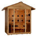 Seen from the right, Golden Designs Gargellen 5 Person Hybrid Outdoor Sauna shows its glass front, carbon panels and hemlock side wall