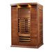 Seen from the right, Golden Designs Maxxus 2 Person Full Spectrum Infrared Sauna in Red Cedar shows its red cedar side wall, bronze glass door and exterior control panel
