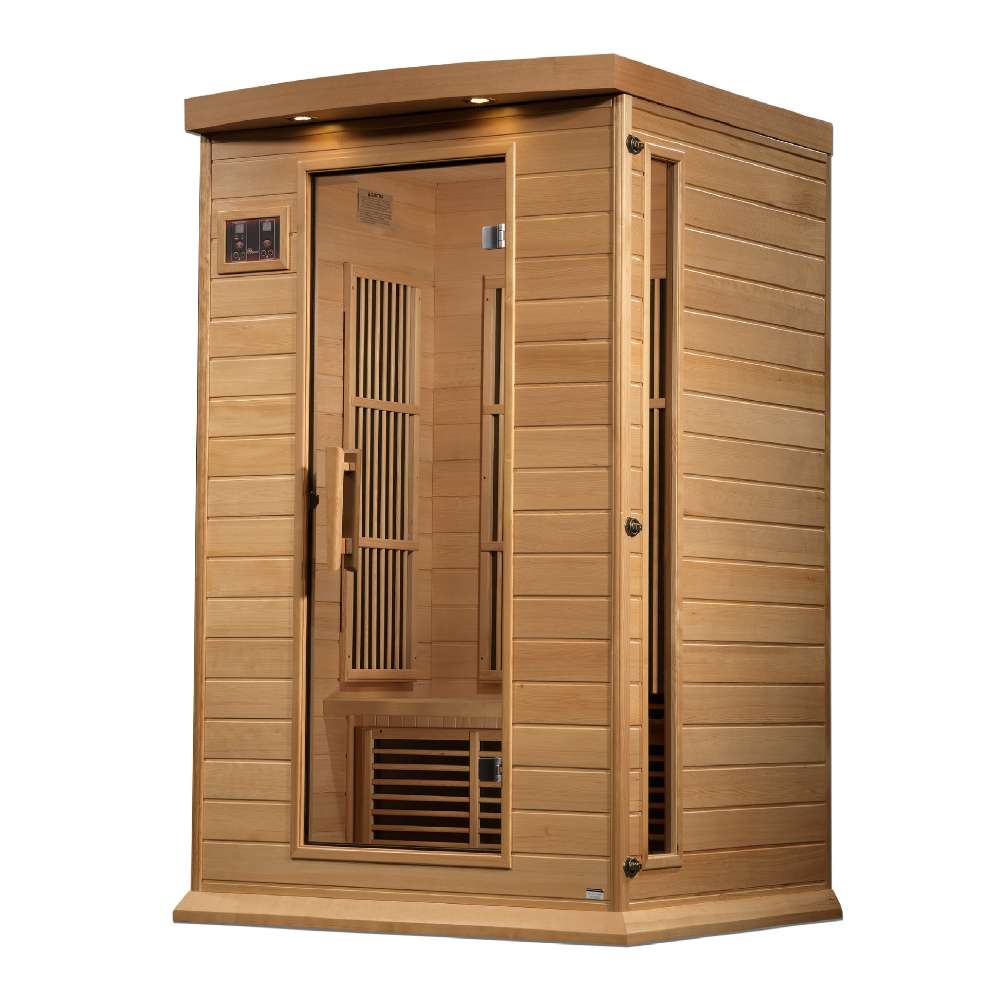 Seen from the right, Golden Designs Maxxus 2 Person Near Zero EMF Far Infrared Sauna in Hemlock shows its hemlock side wall, bronze glass door and roof accent lights