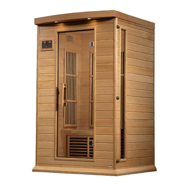 Seen from the right, Golden Designs Maxxus 2 Person Near Zero EMF Far Infrared Sauna in Hemlock shows its hemlock side wall, bronze glass door and roof accent lights