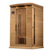 Seen from the right, Golden Designs Maxxus 2 Person Near Zero EMF Far Infrared Sauna in Hemlock shows its hemlock side wall, bronze glass door and roof accent lights