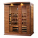 Seen from the right, Golden Designs Maxxus 3 Person Full Spectrum Infrared Sauna in Red Cedar shows its red cedar side wall, bronze glass door and carbon panels