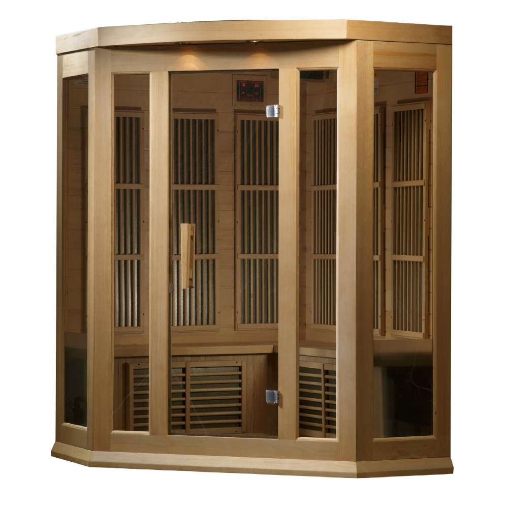 Seen from the right, Golden Designs Maxxus 3 Person Low EMF Far Infrared Corner Sauna in Hemlock shows its corner shape, bronze glass door and lower heater vents