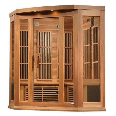 Seen from the right, Golden Designs Maxxus 3 Person Low EMF Far Infrared Corner Sauna in Red Cedar shows its red cedar corner walls, glass door and exterior control panel