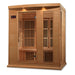 Seen from the right, Golden Designs Maxxus 3 Person Low EMF Far Infrared Sauna in Hemlock shows its hemlock side wall, glass door and wide front