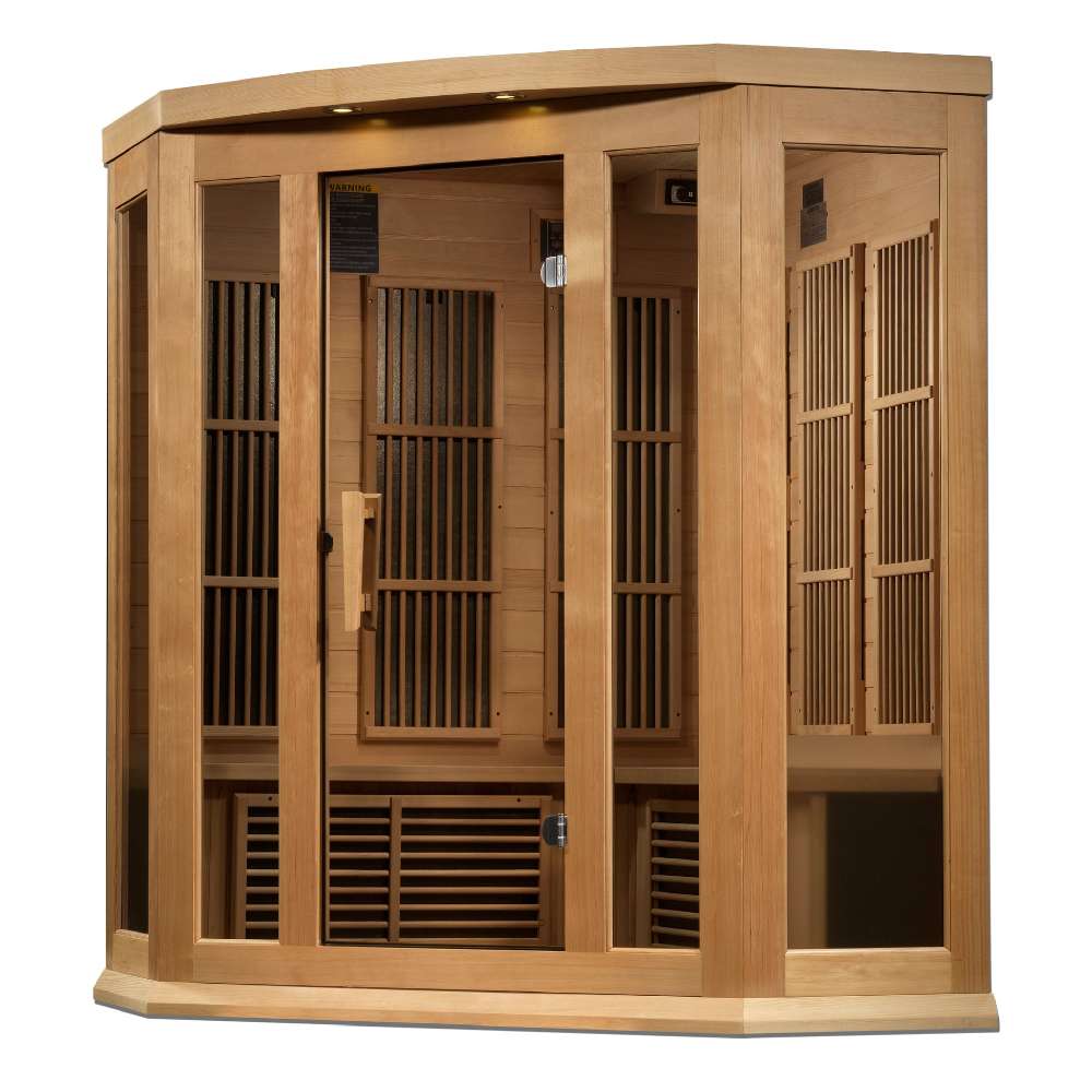 Seen from the right, Golden Designs Maxxus 3 Person Near Zero EMF Far Infrared Corner Sauna in Hemlock shows its hemlock corner walls, glass door and side windows
