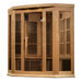 Seen from the right, Golden Designs Maxxus 3 Person Near Zero EMF Far Infrared Corner Sauna in Hemlock shows its hemlock corner walls, glass door and side windows