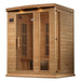 Seen from the right, Golden Designs Maxxus 3 Person Near Zero EMF Far Infrared Sauna in Hemlock shows its hemlock side wall, bronze glass door and wide front