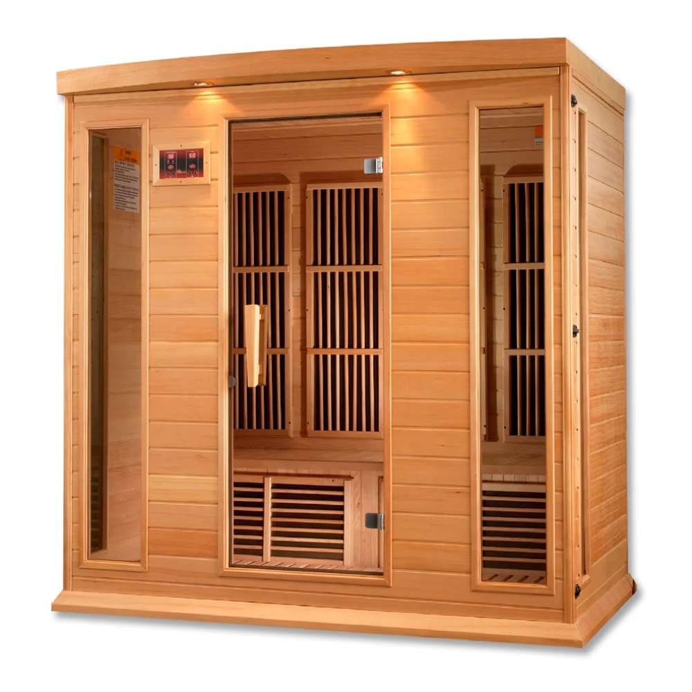 Seen from the right, Golden Designs Maxxus 4 Person Low EMF Far Infrared Sauna in Hemlock shows its hemlock side wall, glass door and side window