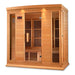 Seen from the right, Golden Designs Maxxus 4 Person Low EMF Far Infrared Sauna in Hemlock shows its hemlock side wall, glass door and side window